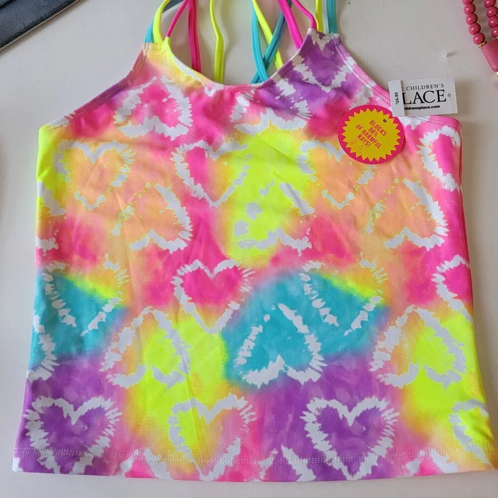 NWT The Children's Place Girls Tie Dye Heart 2-Piece Tankini Swimsuit XL 14